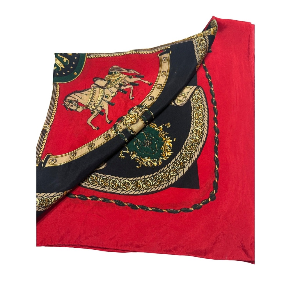 Vintage Silk 32' Square Scarf Women OS Red Equestrian Horse Crest Tassel Print